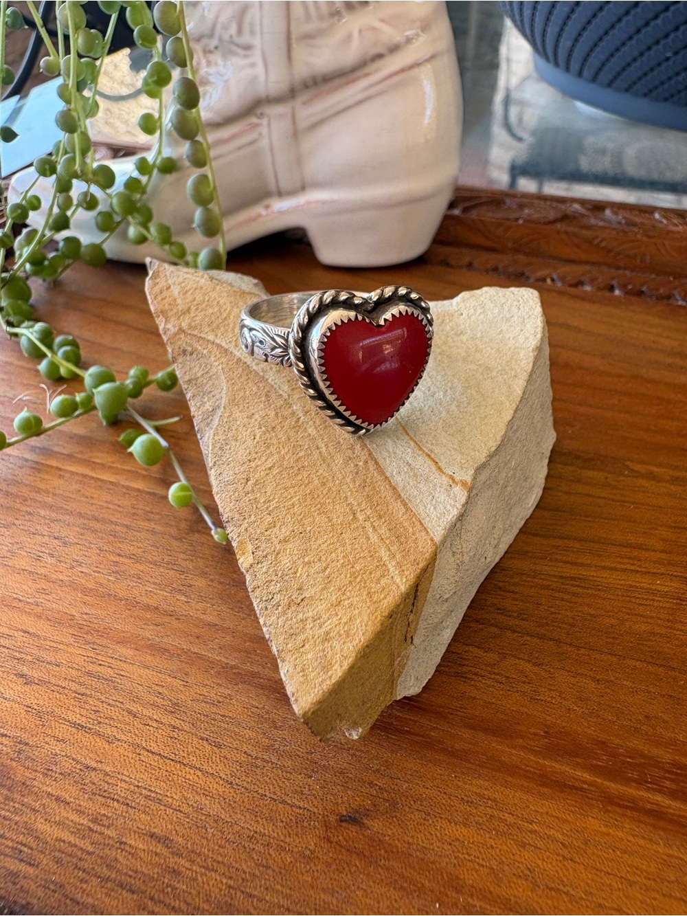Artisan Sterling Silver Red Rosarita Heart Ring Size 10.5 handcrafted 925
